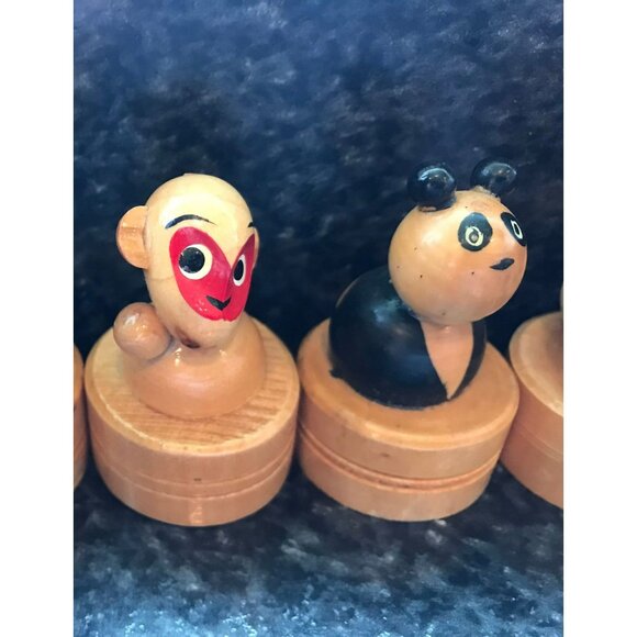 Set of 8 Vtg Wooden Pencil Sharpeners E552 Monkey Panda Bear Lion Ram Cat Turtle - Picture 7 of 10